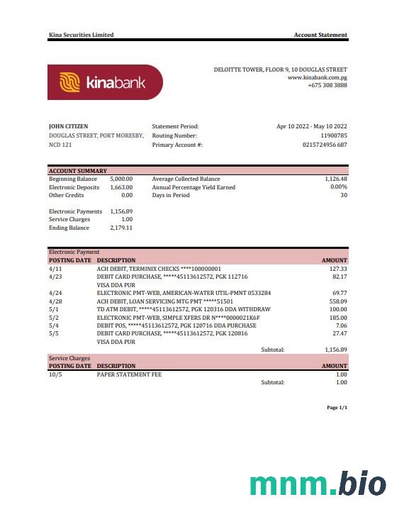 Papua Nowa Gwinea BSP szablon wyciągu bankowego w programie Word i PDF